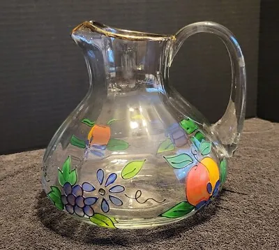 CRYSTAL CLEAR Venetian Fruit Flower Hand Painted Pitcher 22K Gold Accent ROMANIA • $42