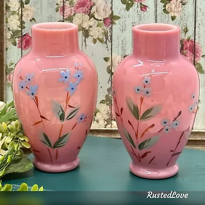 Continental Bristol Pink Hand Painted Floral Matching Vases Vintage 19th Century • $288