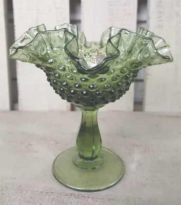 Fenton Hobnail Pattern Ruffled Edge Pedestal Footed Compote Dish Colonial Green • $19.99