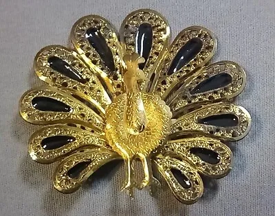 Vintage Thin Peacock Brooch Pin Gold Tone Black Enamel Lightweight Filigree • $11.95