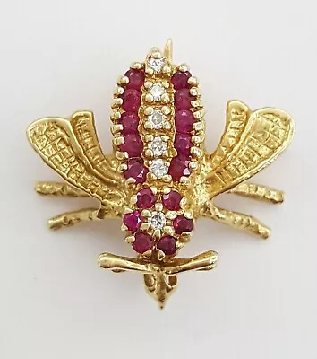 Vintage 14K Yellow Gold Diamond & Ruby Insect Pin Brooch 0.38 Ct • $395
