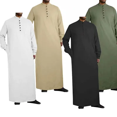 Islamic Muslim Men Jubba Robe Abaya Tunic Dress Clothes Long Sleeve Shirts Maxi • £16.04