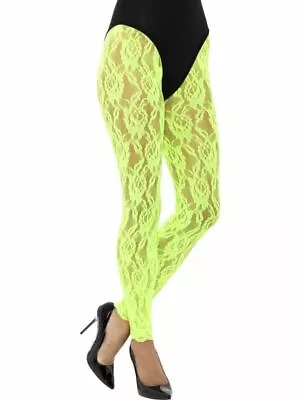 Adults Ladies 1980s Lace Leggings Neon Madonna Fancy Dress Costume Neon Green • £8.01