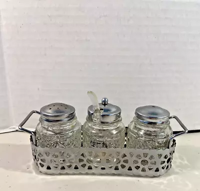 Vintage Glass Condiment Salt Pepper Sugar Set In Metal Caddy Stand Hong Kong • $14