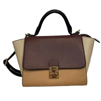 Tri-Color Trapeze Handbag Burgundy Cream Camel Gold Accent • $24.99