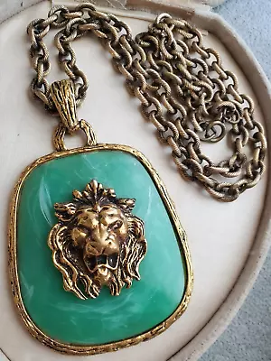 Vintage Huge Gold Tone LION HEAD Faux Jade Statement Costume Necklace • $65