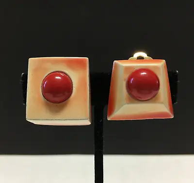 Vintage HAR Modernist Enamel CLIP EARRINGS Red White Funky Abstracts  L105i • $68