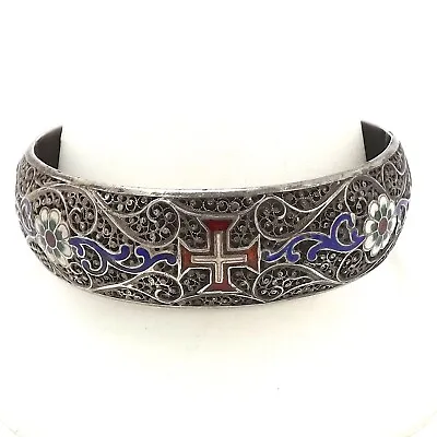 Victorian Silver Portugal Filigree Enamel Maltese Cross Floral Bangle Bracelet • $565.25