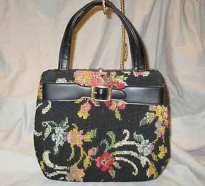 QUALITY 50s FLORAL NEEDLEPOINT TAPESTRY Large Carpet Bag JULIUS RESNICK JR XLNT • $66.50