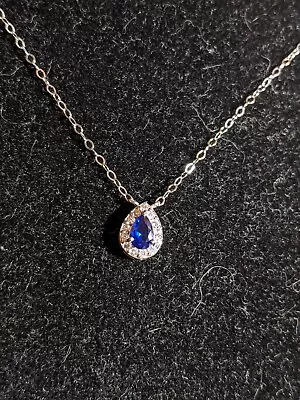 Sterling Silver Lab-Created Sapphire & CZ Teardrop Halo Necklace 18 Inch - $50 • $8.49