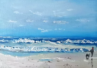 ACEO Original Miniature Oil Painting. A Walk On The Beach. Dog Seascape.  • £0.99