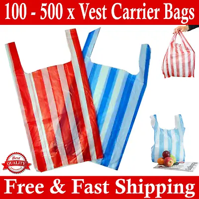 New Large Plastic Vest Carrier Bag Takeaway Market Shop Candy Stripe 100-500 Pcs • £8.85