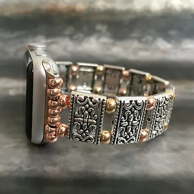 Beaded Apple Watch Band Women IWatch Jewelry Fitbit Rose Gold Tibetan Silver • $95.44