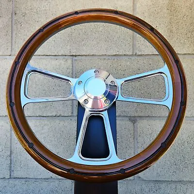 14  Billet Steering Wheel Mahogany Wood Black Rivets Chevy Muscle C10 Ford Rod • $155.73