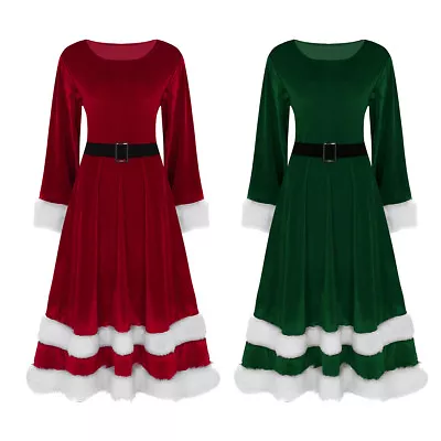 Plus Size Women Mrs Santa Claus Costume Christmas Outfit Long Sleeve Midi Dress • $31.95