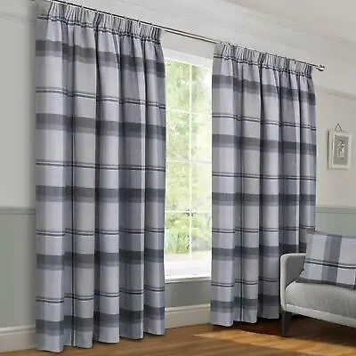 Braemar Check Grey Lined Pencil Pleat Curtain Pair Pencil Pleat Curtains • £76