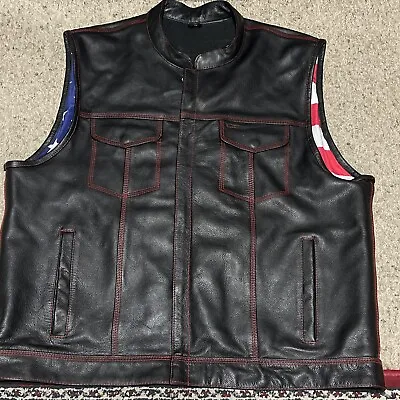 Xelement Men Black Old Glory Leather Concealed Carry Motorcycle Vest Zip Snap 4X • $60