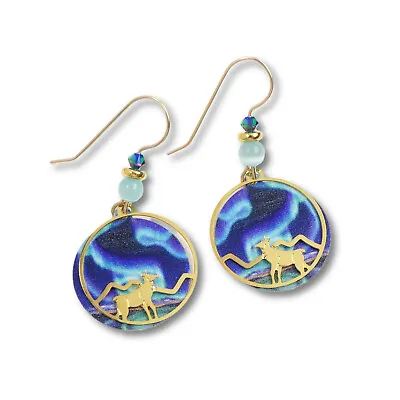 Sienna Sky Earrings Shiny Gold Plated Elk Mountain Over Blue Aurora Polar Light • $22.50