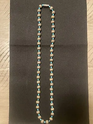 Taxco Mexico 925 Sterling Silver Brushed Beads Mexican Turquoise Necklace 26” • $129