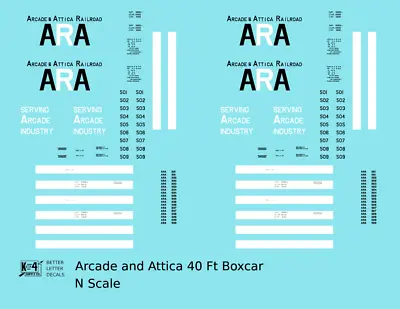 K4 N Scale Decals Arcade And Attica 40 Ft Boxcar Black And White • $7.45