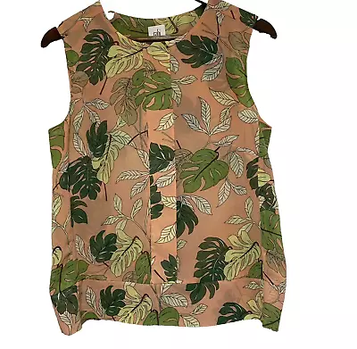 CAbi Blouse Womens S Pink Tropical Leaf Monstera Sleeveless Semi Sheer Top • $12.99