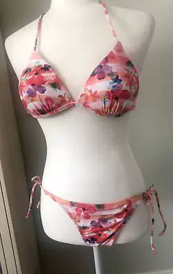 New OP OCEAN PACIFIC M 7-9 Pink Floral Stripe Bathing STRING BIKINI Bottom Top • £50.07