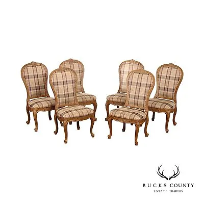 French Louis XV Style Set Six Plaid Upholstered Dining Chairs • $1495