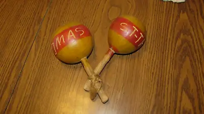 Vintage 2 Maracas Hand Carved Percussion Shakers Brown Wooden Gourd St. Thomas • $8.99