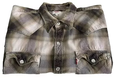 Levi’s Mens Long Sleeve Plaid Thick Cotton Cowboy Shirt Size L Green/Beige • £22.99