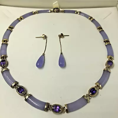 Lavender Jade & Amethyst Necklace & Earrings British 9ct Gold Hallmarks Boxed • £425