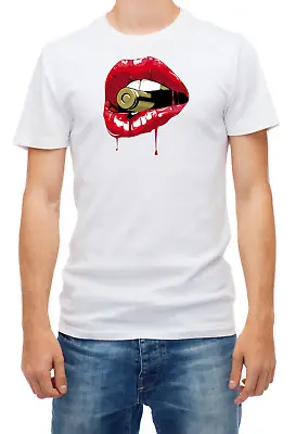 Lips Art Bullet Art Short Sleeve White Men's T Shirt C028 • £11.40