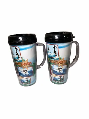 $12.95 • Buy California Souvenir Plastic Coffee Mug Cup + Lid 6-3/4” Surfing, Palm Trees NEW