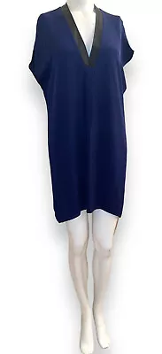 VINCE 100% Silk Leather Trim V-Neck Mini Shift Dress Cobalt Blue Size S • $54