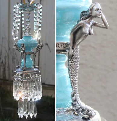 Mermaid Swag Lamp Chandelier Blue Glass Tole Silver Sea Scape Crystal Bead Opali • $549