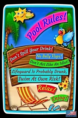 Funny Pool Rules! 8 X12  Metal Sign Tiki Bar Hot Tub Beach Margaritaville Decor! • $14.99