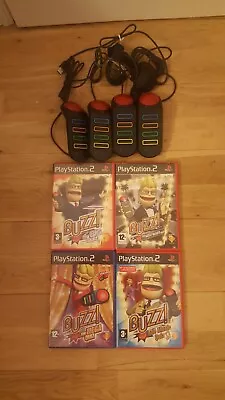 £24.95 • Buy Set Of 4 Ps2 Buzz Buzzers Controllers And 4 Game Bundle Job Lot Mega Quiz Music