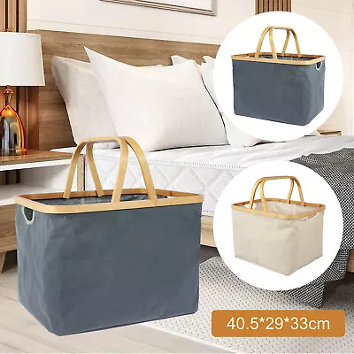 Laundry Basket Collapsible Dirty Cloth Bag With Wooden Handle Breathable Mardg • $38.78