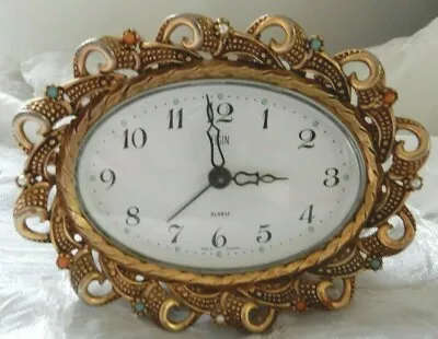 Vintage Gold Tone Jeweled Rhinestone  Elgin Alarm Clock French Farmhouse • $49.99