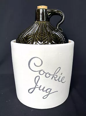 Vintage Monmouth Pottery COOKIE JUG Moonshine Jar Cork Top Maple Leaf USA Retro • $14.99