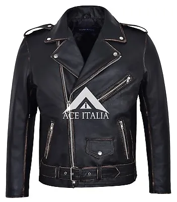 £125 • Buy Men's Real Leather Jacket Brando Black Buff Distress Hide Ziper Biker Style MBF 