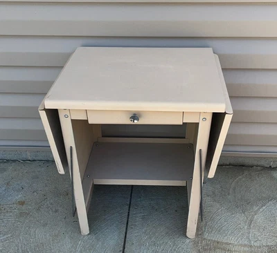 Vintage Metal Drop Leaf Typewriter Stand Beige Table With  Drawer • $40.48