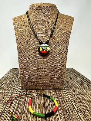 Rasta One Love Adjustable Necklace And Bracelet Set - Coconut Shell Pendant • $24.95