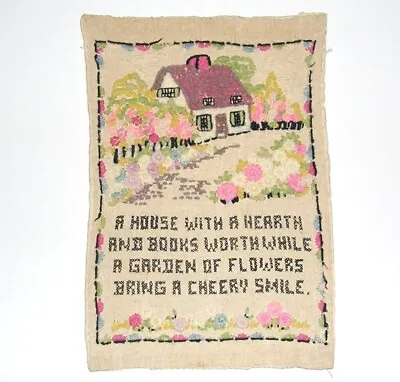 Vintage Crewel Embroidered And Cross-Stitched English Cottage Garden With Poem • $12