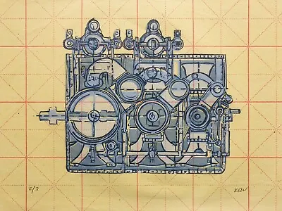 £5.25 • Buy Limited Edition Lino Cut Print - 'Miscellaneous Linkages 2' Blue Industrial Art