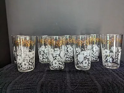 Federal Glass Co WHITE ASTER Flowers Gold Design 8 Drinking Glasses Vintage • $24.95