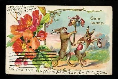 Easter Greetings Postcard Bunny Rabbit Flowers Embossed Vintage 1907 • $4.49