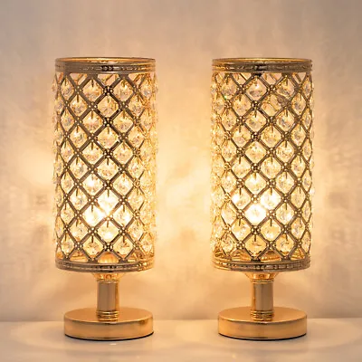Set Of 2 Gold Crystal Table Lamp Vintage Nightstand With Clear Crystal Lampshade • $33.99