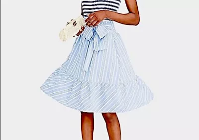 J.by Crew Big Bow Tie Waist Ruffle Midi Skirt Women Size 2 Striped White / Blue • $24.98