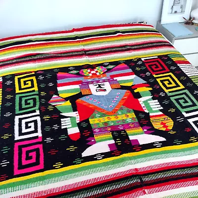 $200 • Buy Vintage Mayan Aztec Zapotec Mexican Wool Hand Woven Rug 58x75 Striped Geometric