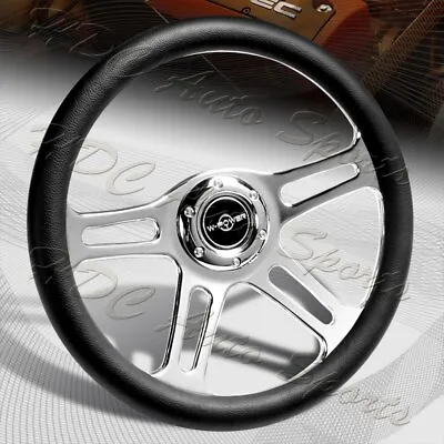 W-Power 350MM 14  BLK Leather Grip 6-Hole Chrome 4-Spoke Vintage Steering Wheel • $98.99